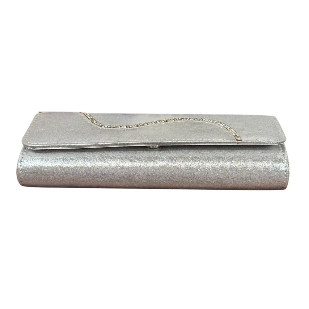 Silver Satin‎ Clutch Purse Womens Small Rhinestone Trim Chain Strap Evening Bag
